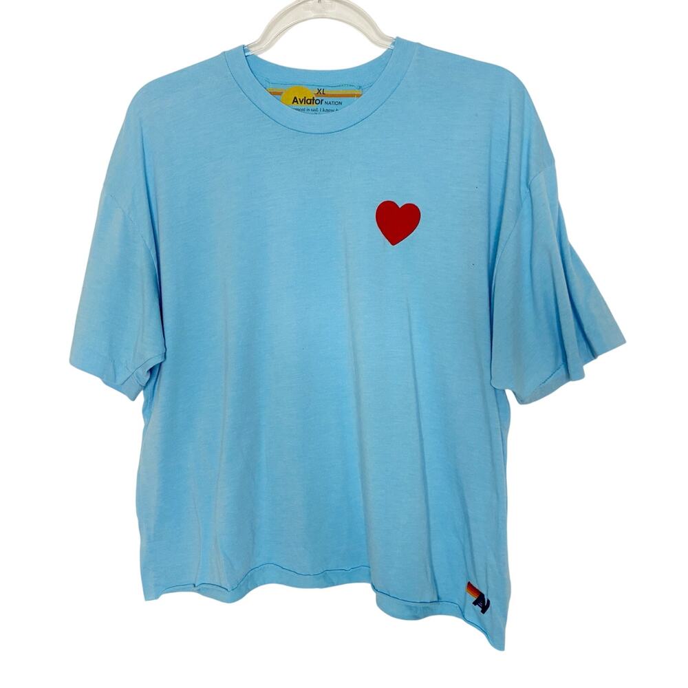 Aviator Nation Sky Blue Embroidered Heart Boyfriend Tee Short Sleeve Womens XL